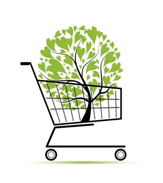 Green tree in shopping cart for your design — Stock Vector
