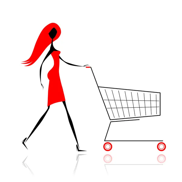 Mujer con carrito de compras para tu diseño — Vector de stock