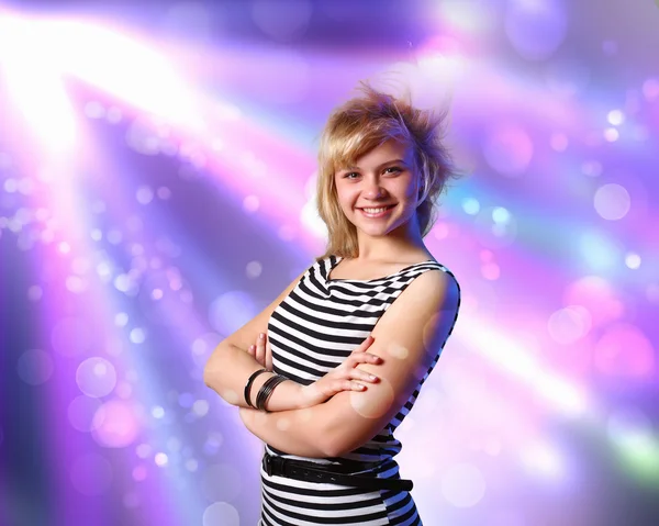 Young woman and disco background — Stock Photo, Image