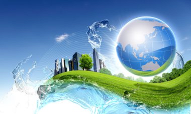 Green planet against blue sky and clean nature clipart