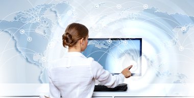 Businesswoman working with virtual digital screens clipart