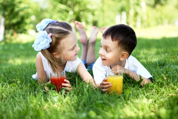 Little brother and sister in summer park — Stock Photo, Image