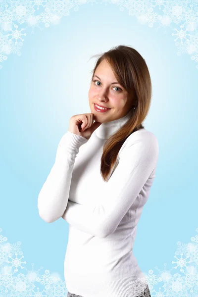 Young girl in white sweater — Stok fotoğraf