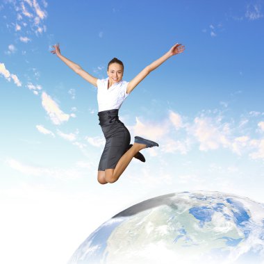 Young woman jumping and our planet earth clipart