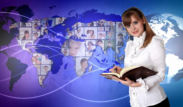 Young woman against world map background — Stock Photo, Image
