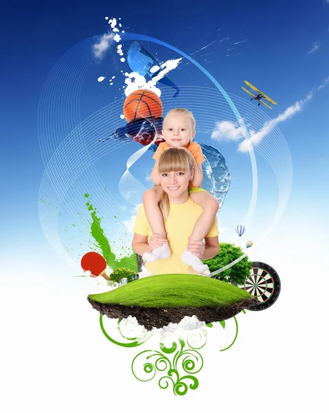 Collage met kinderen en ouders over groen gras — Stockfoto