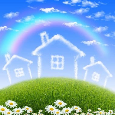 House from white clouds against blue sky clipart