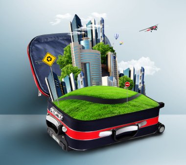 Red suitcase with city inside clipart