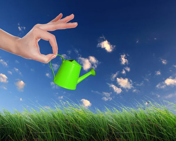 Human hand watering green grass — Stock Photo, Image
