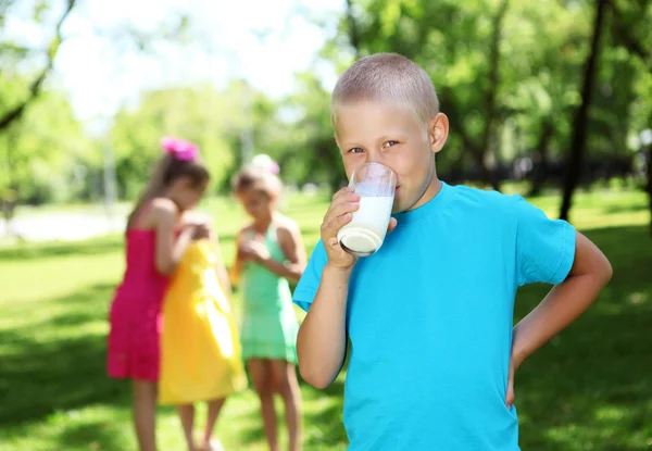 Jongen consumptiemelk in de zomer park — Stockfoto