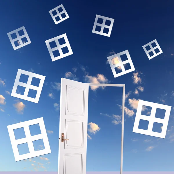 Witte deur tegen blauwe hemelachtergrond — Stockfoto