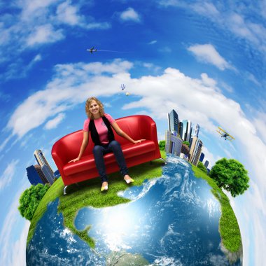 Young woman sitting on sofa nature background clipart