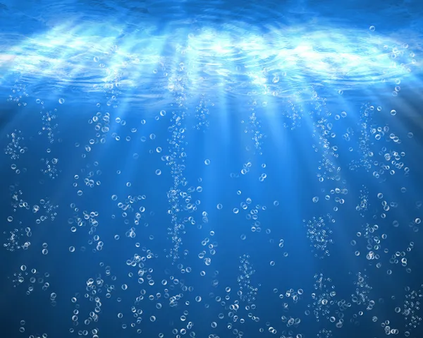 Blue sea underwater with air bubbles — Stock Photo, Image