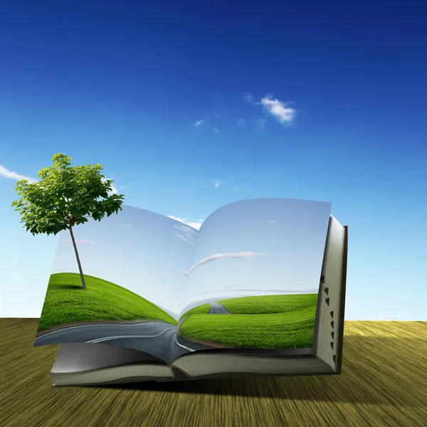 Book with green landscape inside — Stock Photo, Image