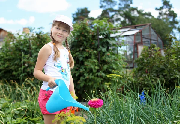 女孩浇灌植物 — 图库照片