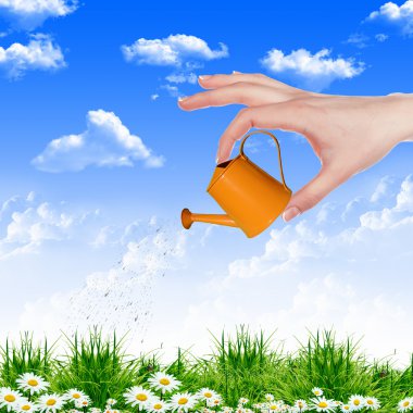 Human hand watering green grass clipart