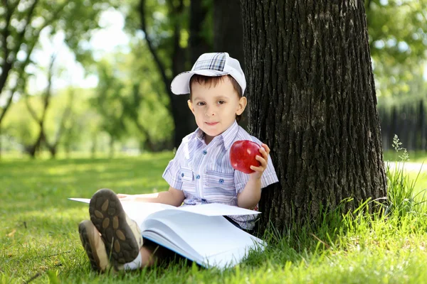 Portrait of a boy with a book in the park — Stock Photo, Image