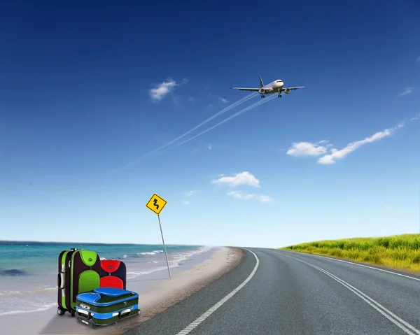 stock image Red suitcase and plane