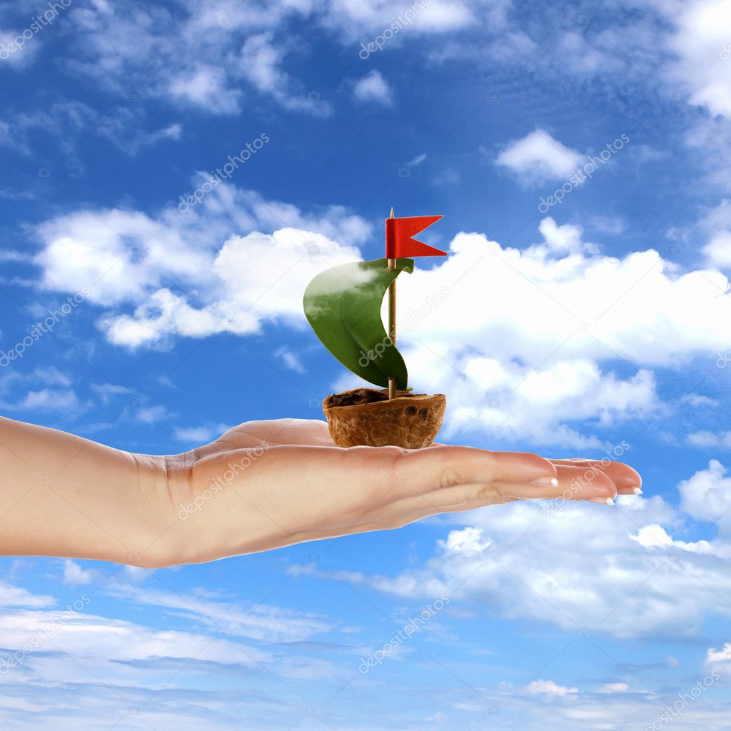 Nutshell ship with green leaf sail Stock Photo by ©SergeyNivens 8385131