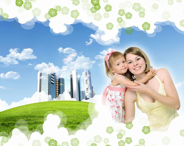 Collage mit Kindern und Eltern im grünen Gras — Stockfoto