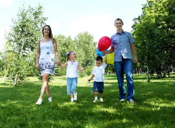 Rodzina z dwójką dzieci w parku lato — Zdjęcie stockowe