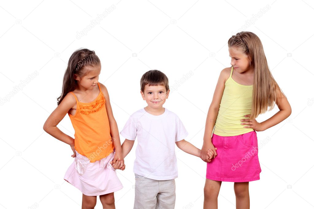 Two girls and a boy together in studio