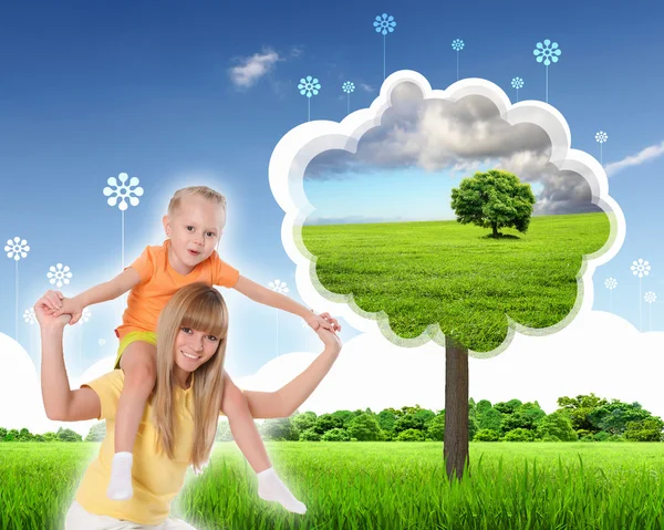 Colagem com crianças e pais na grama verde — Fotografia de Stock