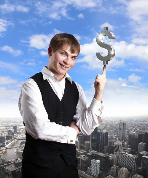 Mladý podnikatel se symboly peněz — Stock fotografie