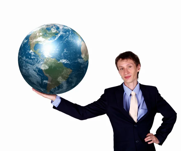 Geschäftsmann mit unserem Planeten Erde — Stockfoto