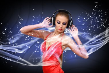 Young woman in evening dress with headphones clipart