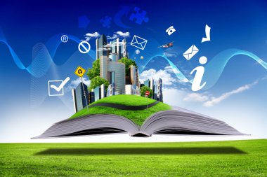 Open book with green nature world clipart