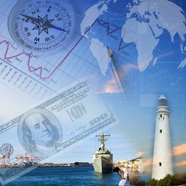 stock image Financial charts with lighthouse on the background