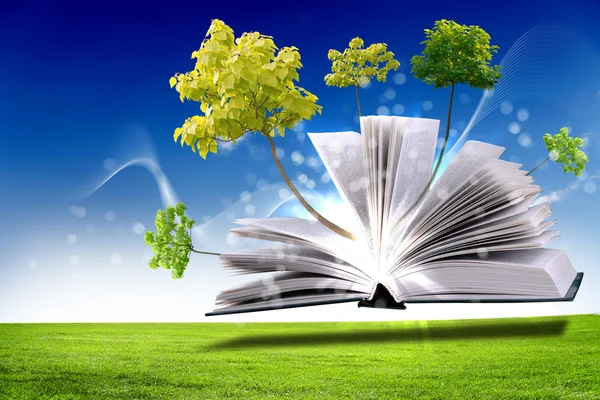 Libro abierto con la naturaleza verde mundo — Foto de Stock