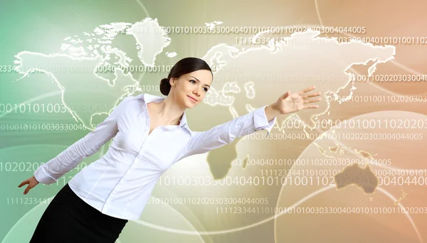 Woman in business wear with technology background — Stock Photo, Image