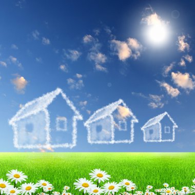 House from white clouds against blue sky clipart