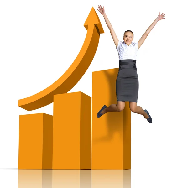 Young woman jumping against financial charts — Stock Photo, Image