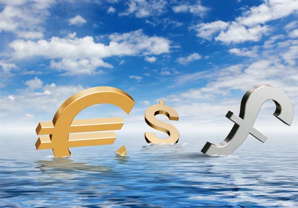 Měnové symboly plovoucí v modrém moři — Stock fotografie