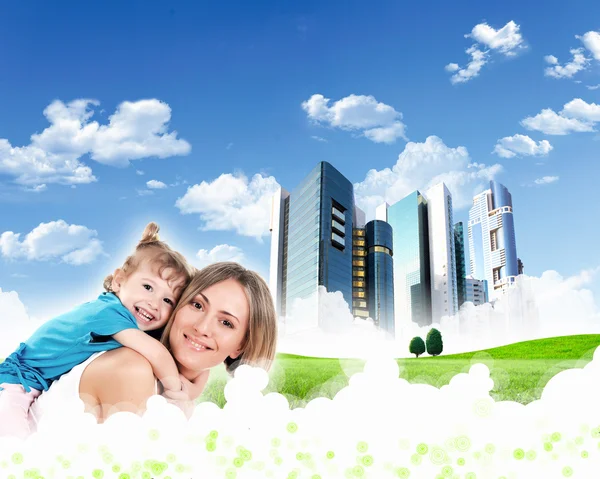 Collage with children and parents on green grass — Stock Photo, Image