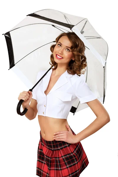 Mujer vestida en estilo retro con paraguas — Foto de Stock