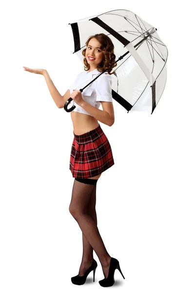 Γυναίκα ντυμένη σε στυλ ρετρό με ομπρέλα — Φωτογραφία Αρχείου