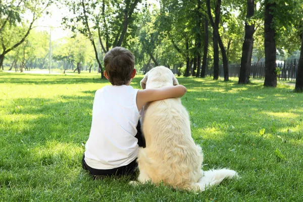 Tennager chłopiec w parku z psem — Zdjęcie stockowe