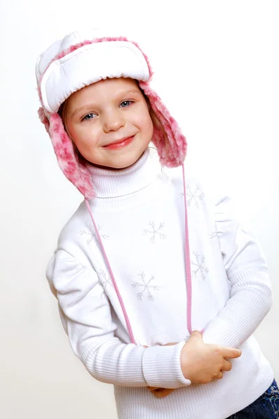 Gyerek, a téli viselet fehér háttér — Stock Fotó