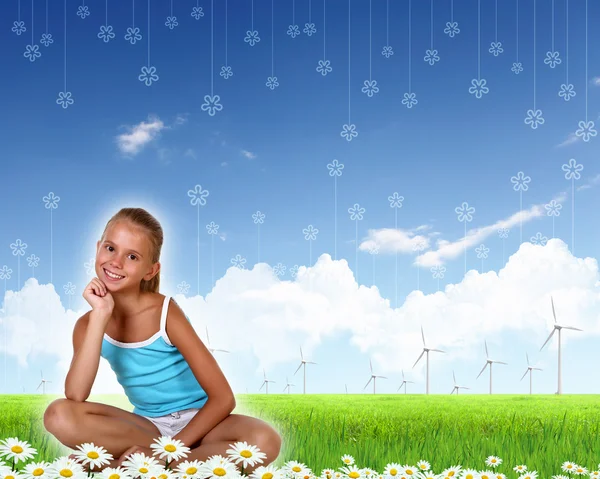 Smiling girl on green grass — Stock Photo, Image
