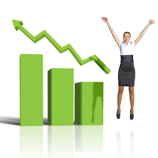 Young woman jumping against financial charts — Stock Photo, Image