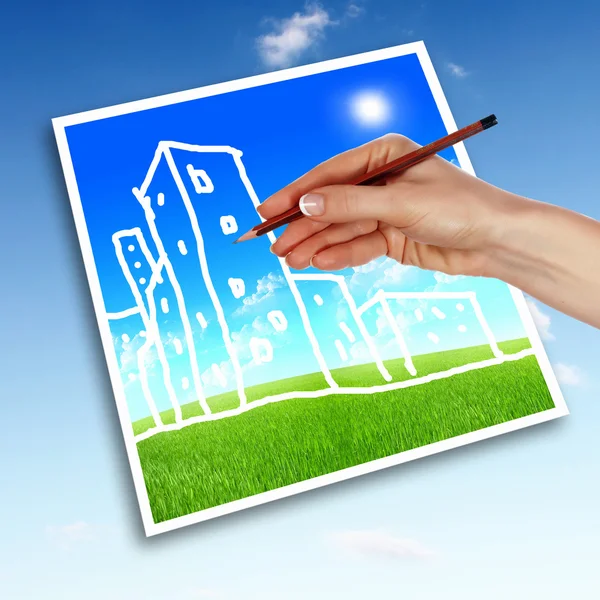 House from white clouds against blue sky — Stock Photo, Image