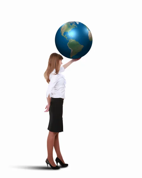 Geschäftsfrau mit unserem Planeten Erde — Stockfoto