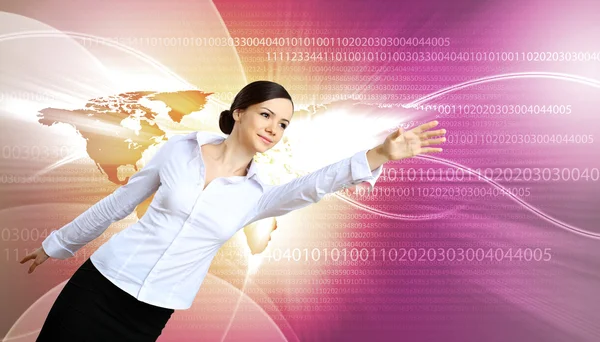 Kvinna i näringslivet bär med teknik bakgrund — Stockfoto