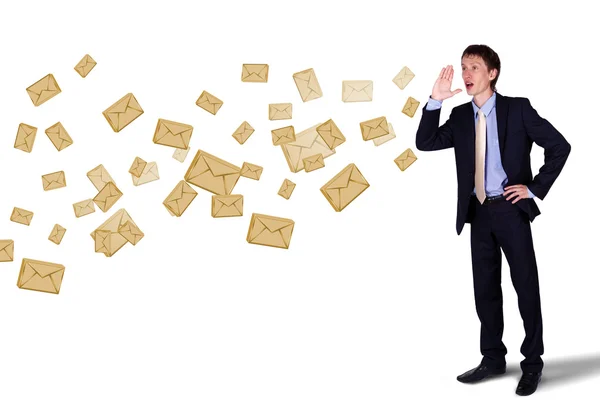 Business man shouting with numbers and symbols — Stock Photo, Image