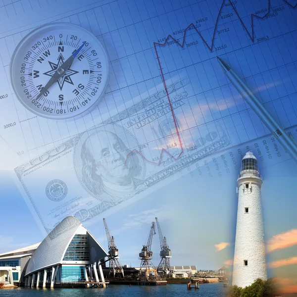 Financial charts with lighthouse on the background — Stock Photo, Image
