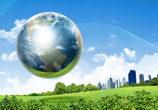 stock image Green nature landscape with planet Earth